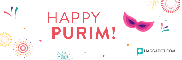 Festive masks and firework graphics that say "Happy Purim" in orange text.