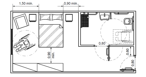 Acima, na figura extraída da norma técnica, estão ilustradas algumas especificações do dormitório com banheiro.