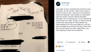 Non-Muslim waiter named “Khalil” falsely claims he got note saying “We don’t tip terrorist”