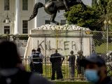 The White House is visible behind a statue of President Andrew Jackson in Lafayette Park, Tuesday, June 23, 2020, in Washington, with the word &quot;Killer&quot; spray painted on its base. Protesters tried to topple the statue Monday night. President Tump had tweeted late Monday that those who tried to topple the statue of President Andrew Jackson in Lafayette Park across the street from the White House faced 10 years in prison under the Veteran&#39;s Memorial Preservation Act. (AP Photo/Andrew Harnik)