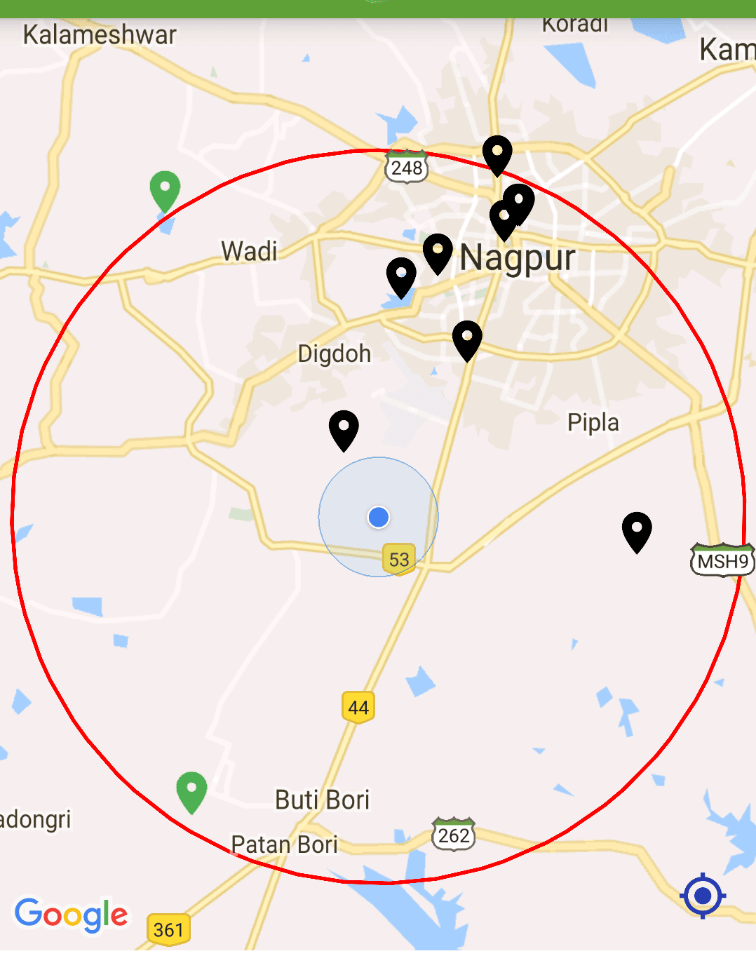 Tap the pin below to get your current location and search for cities within 50 miles of your position. Android Zooming Google map to specific radius in miles in android