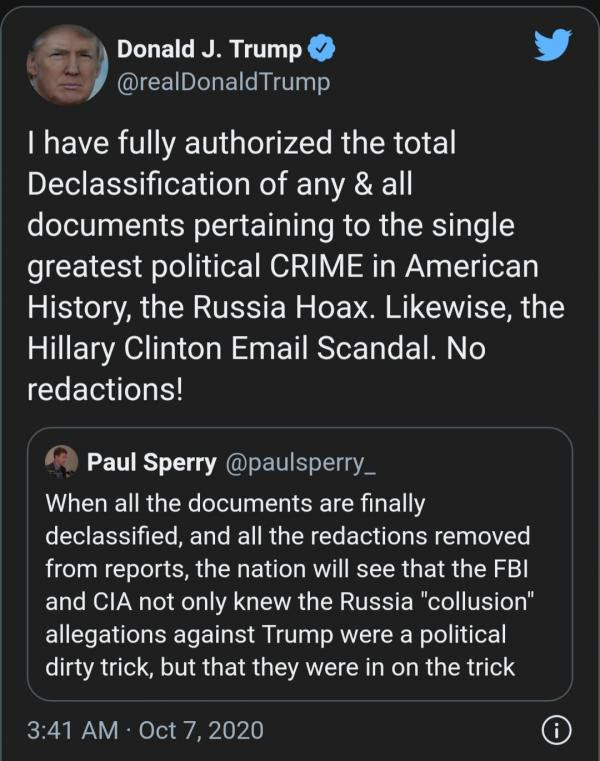 Trump Authorizes ‘Total Declassification’ of ‘Any’ and ‘All Documents’ Pertaining to Russia Hoax, and Clinton Email 8257633bc46ee425a817e45055e5c51d7bff942c9416b0ab5184aa8d56d935aa