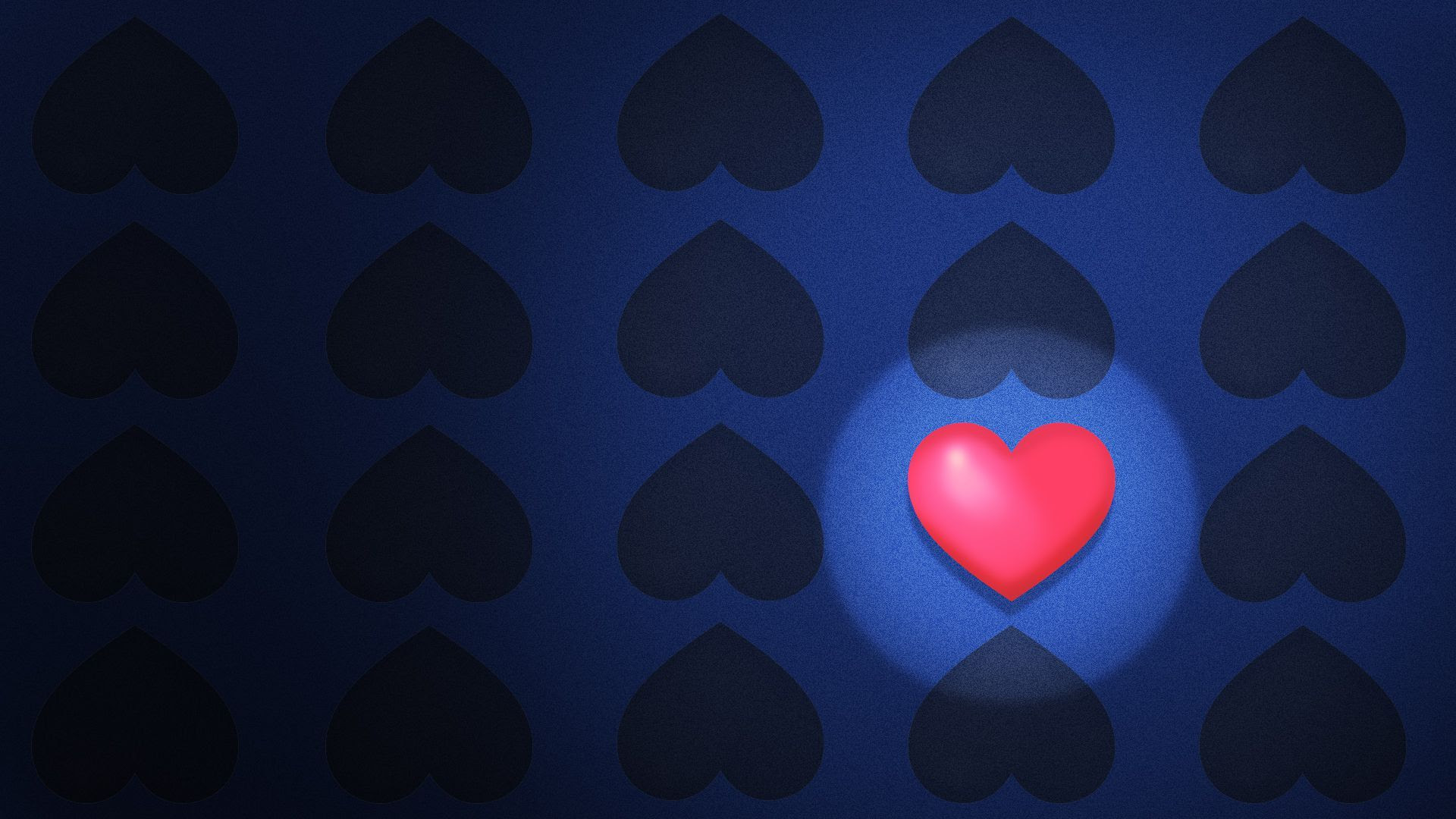 Illustration of a pattern of upside-down dark hearts with one highlighted right-side up heart in color 