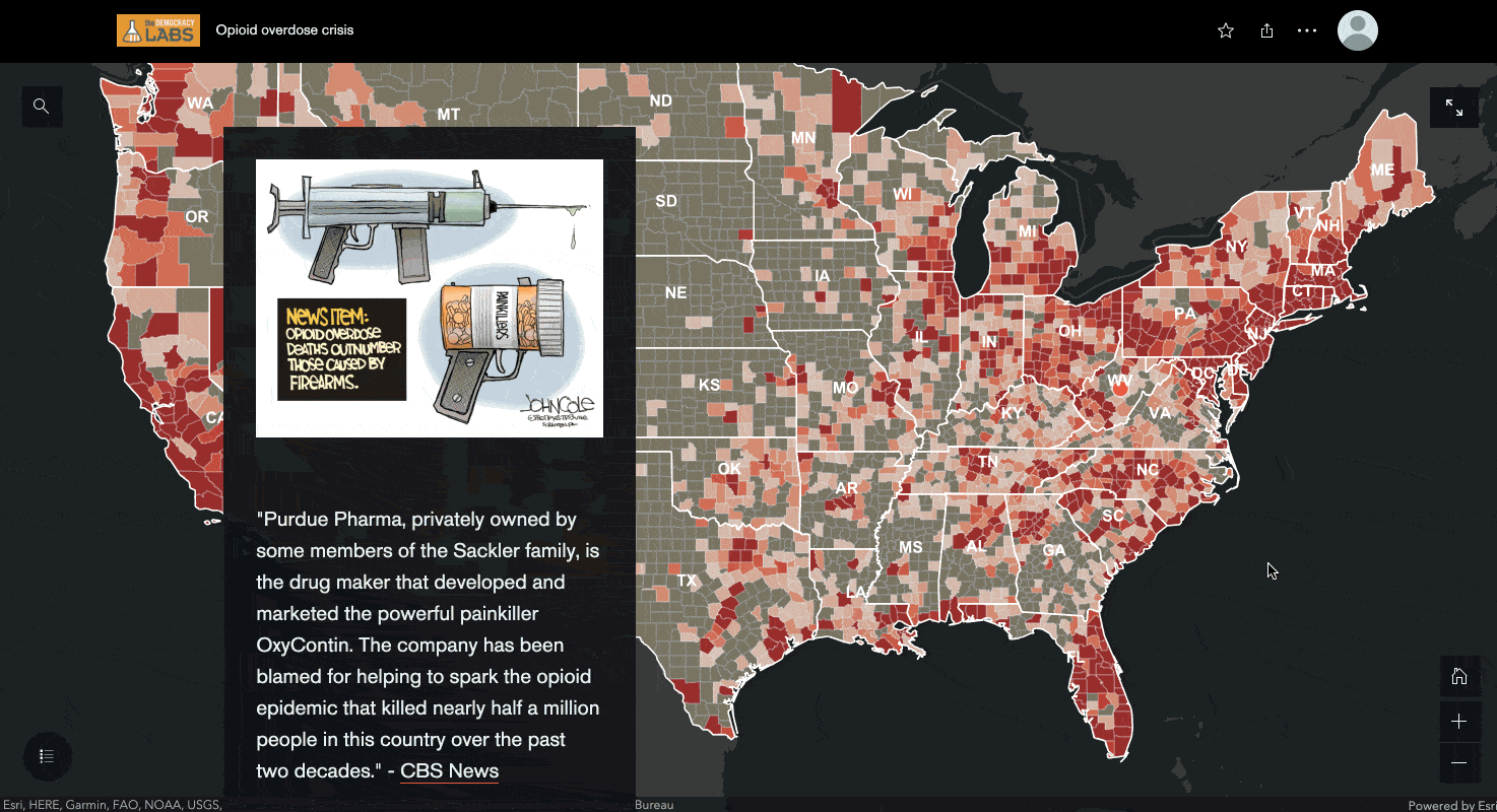 Opioid deaths by county is easily searched and also includes the Congressperson and Senators representing that district.