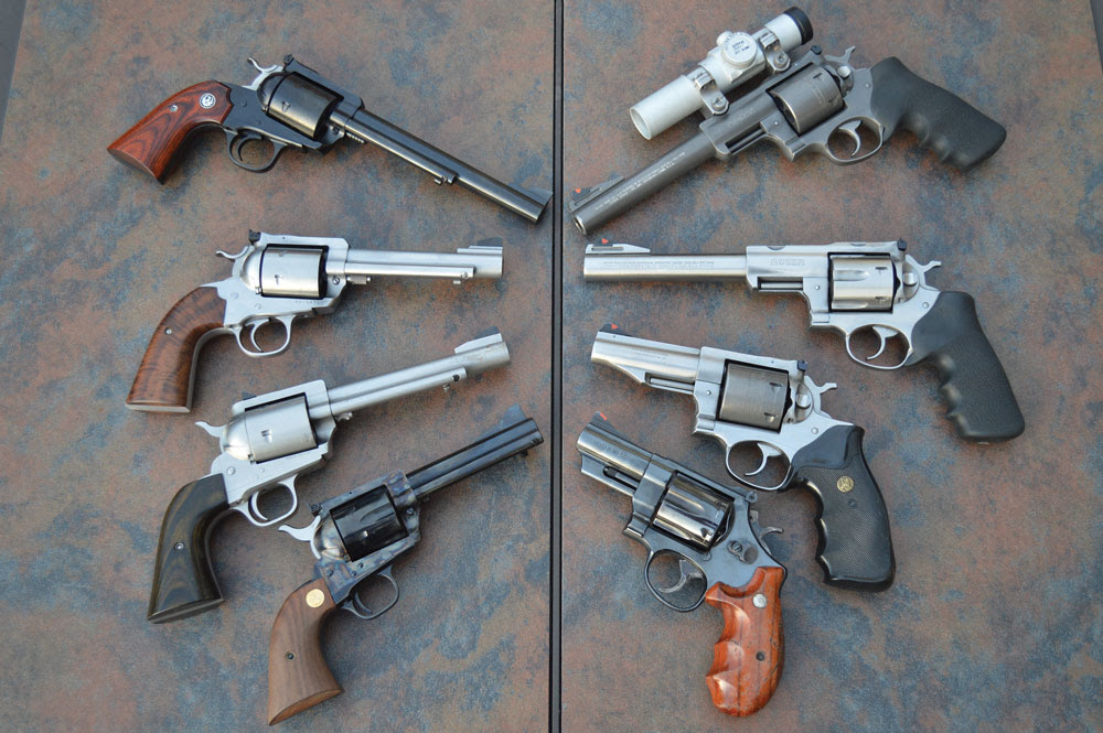 Single-action (left) and double-action (right) revolvers come in nearly every shape and size.