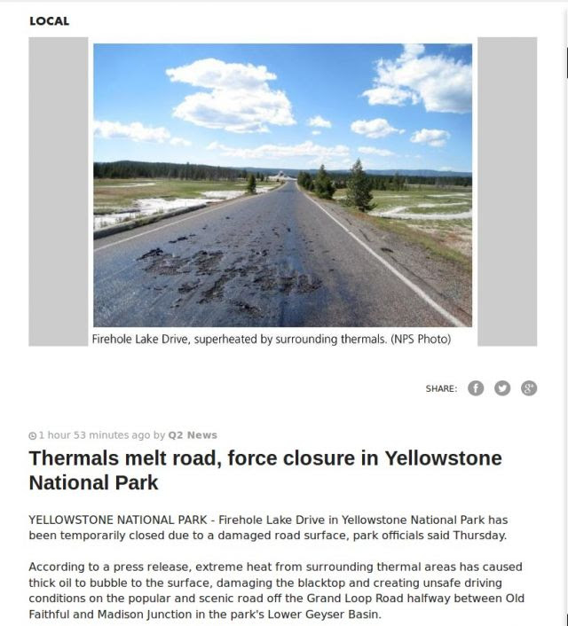 Update! Road Melts At Yellowstone National Park, Causing Closure! 