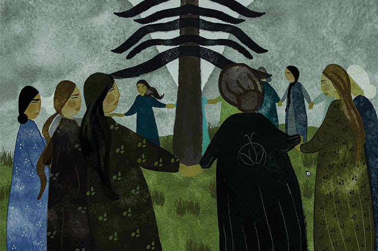 Illustration of people standing around a tree while holding hands.