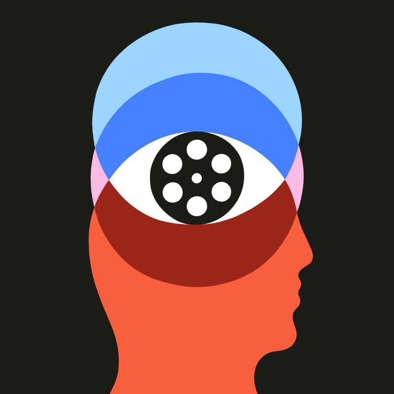 Profile of a man's head with overlapping circle around the brain. In the center, an eye, with a film reel for a pupil.
