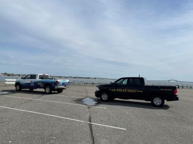 ECO vehicle parked in parking lot near boat ramp where seal was seen