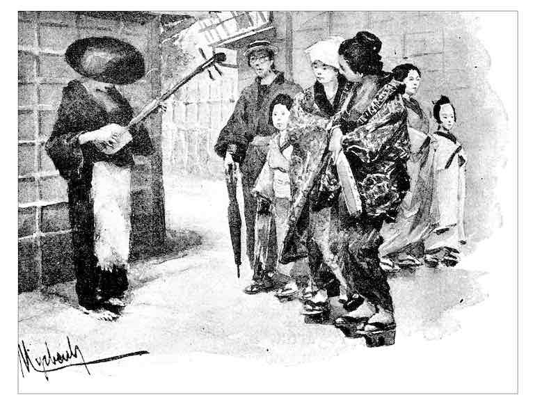 An antique illustration of a Japanese busker playing a shamisen. 