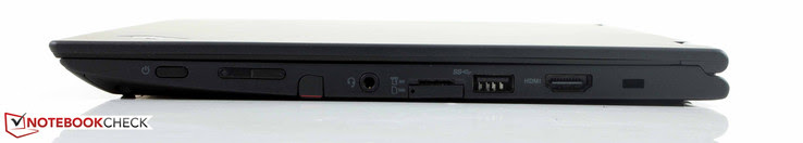 Power, volume, stylus holder, line/mic combo, micro-SD, Sim card slot, UBS 3.0, HDMI, Kensington