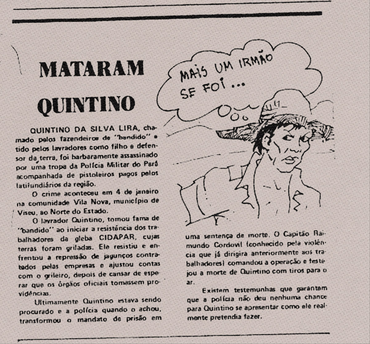 Panfleto distribuído por moradores anunciava assassinato de Quintino em 1985