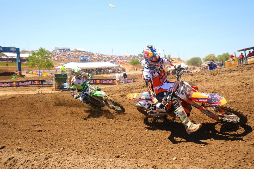 Musquin (25) and Tomac (3) put on a show for the fans in Moto 2.Photo: Jeff Kardas
