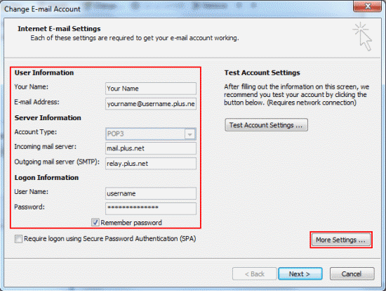 You'll now see the Internet E-mail Settings screen. From here you can check and edit any of the settings for your email account (see below the screenshot if you need help with this).