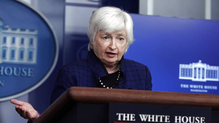 Treasury Secretary Janet Yellen speaks at a press conference 