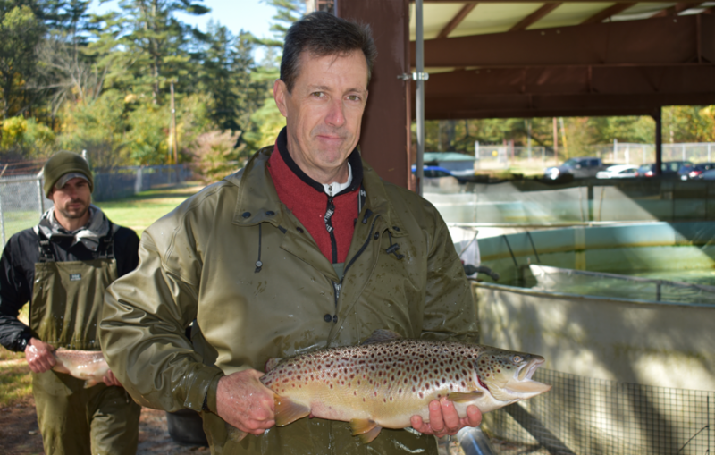 MassWildlife staff holds large trout at the hatchery