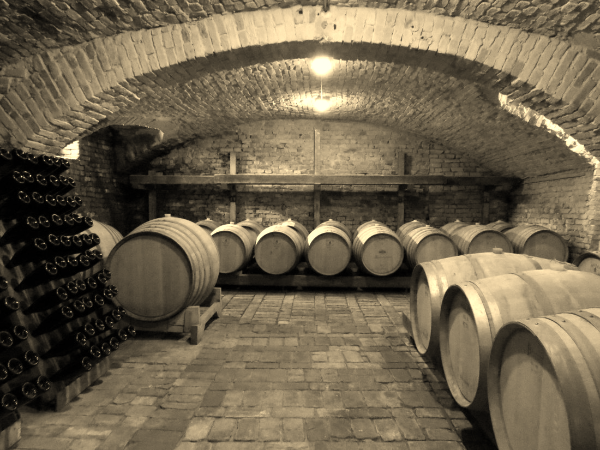 Photo of wine cellar showing barrels and bottles.