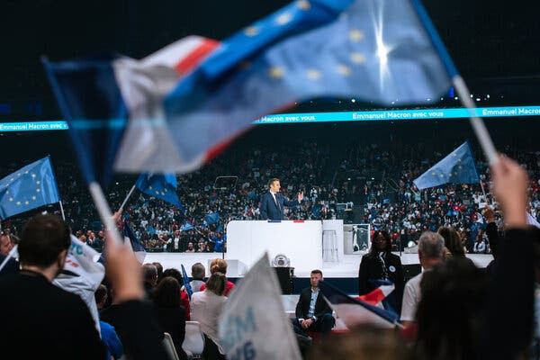  President Emmanuel Macron of France at a campaign rally on Saturday on the outskirts of Paris. 