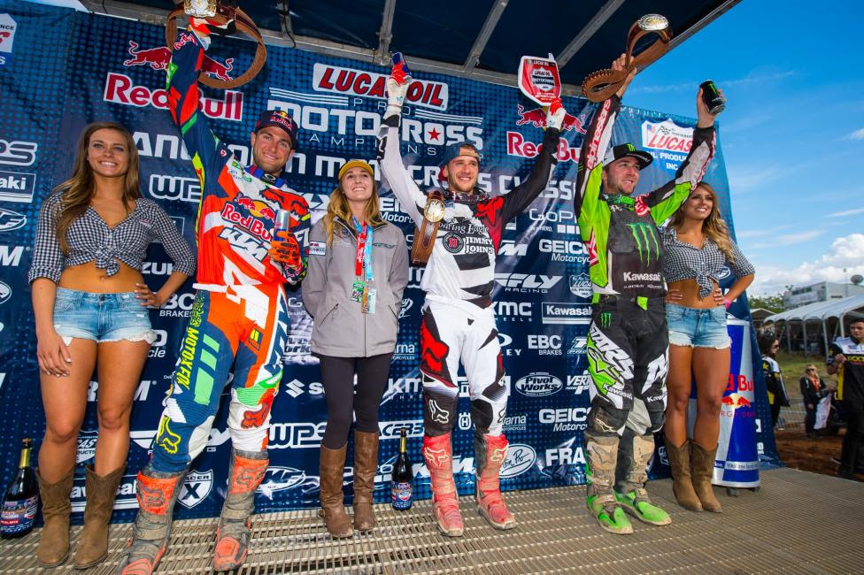 Roczen (center), Dungey (left) and Tomac (right) completed the 450 Class overall podium.Photo: Simon Cudby