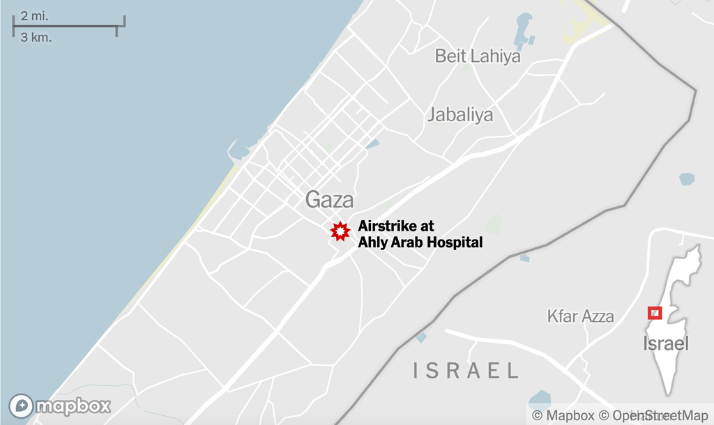 A map of Gaza City showing where an airstrike hit a hospital, according to Palestinian officials.