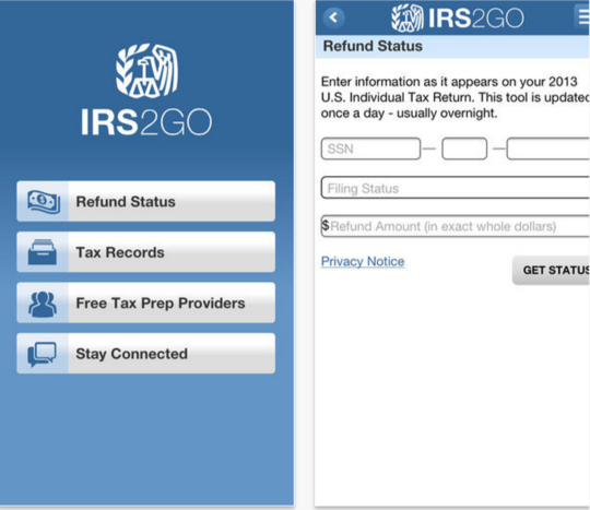 Screenshots of the IRS2Go Application