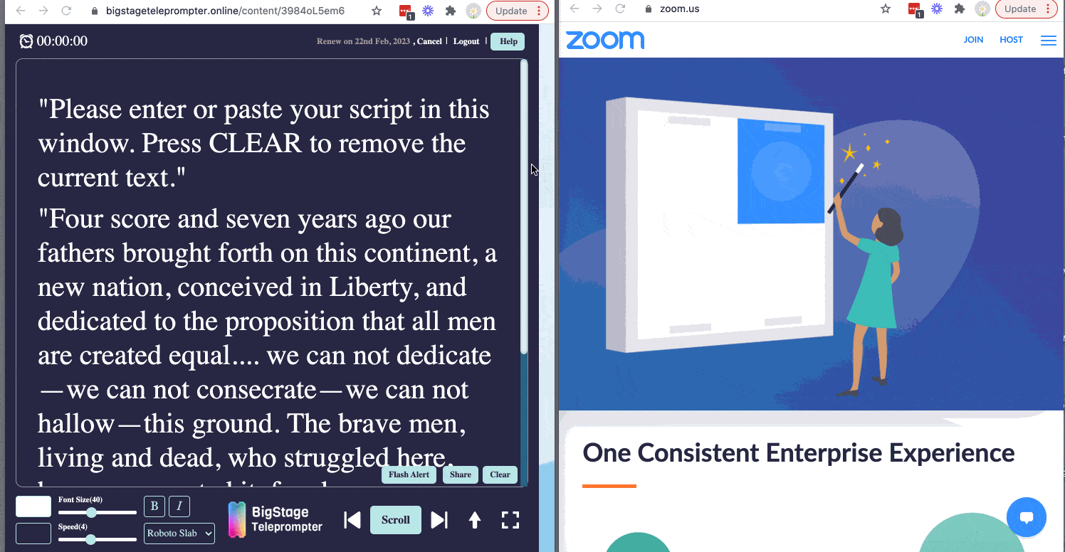 BigStage Zoom Teleprompter lets multiple presenters coordinate their presentations and also be alerted on screen with answers and reminders to speed presentations.