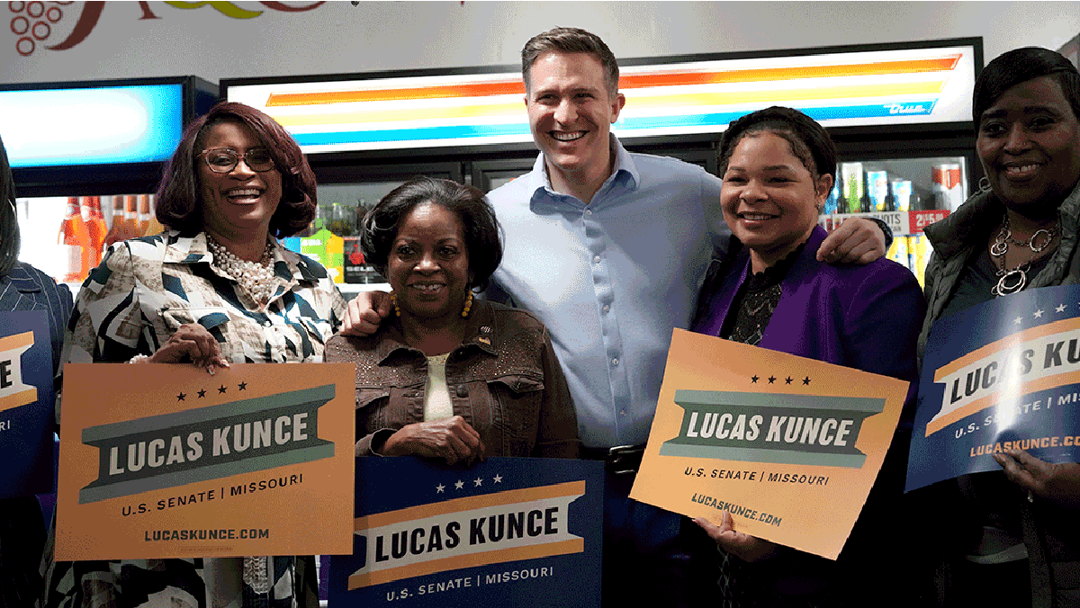 Lucas Kunce and Councilwoman Shalonda Webb with supporters at an event in Florissant, MO. 