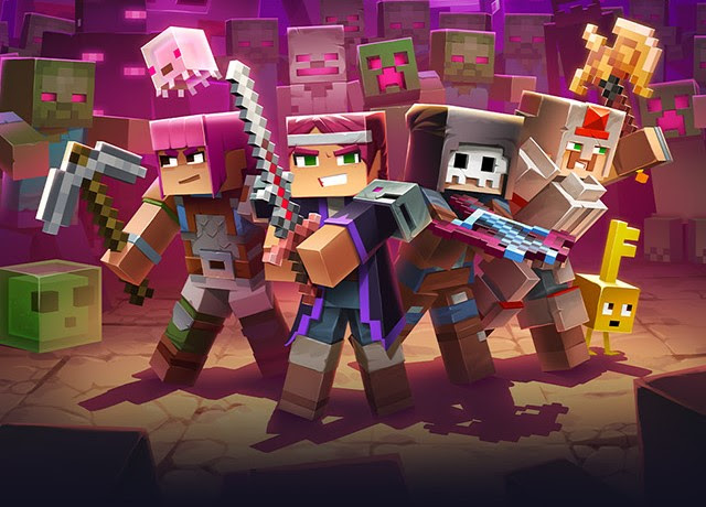 Key art for Minecraft Dungeons: Ultimate Edition featuring a party of Minecraft Dungeons characters surrounded by a massive mob of monsters.