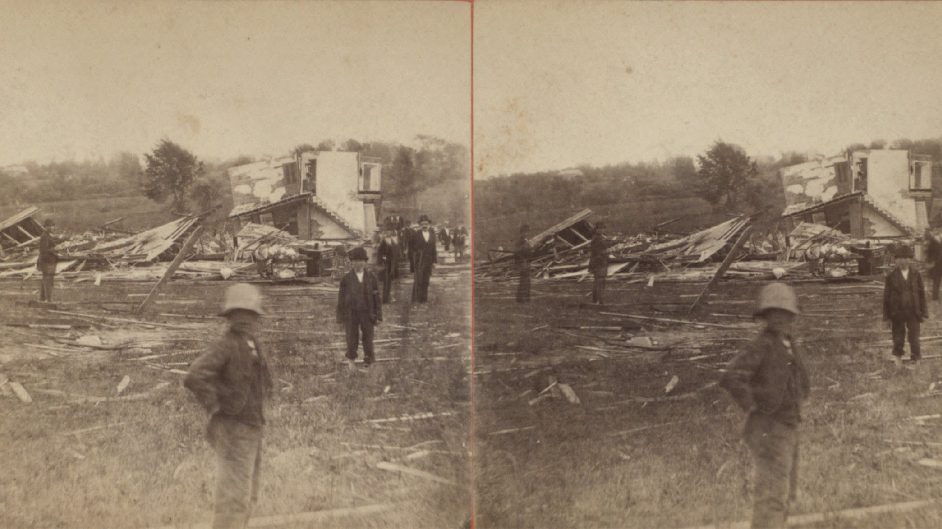 TThis stereoscopic image shows a damaged home in Wallingford, Connecticut, after the tornado.