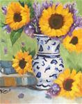 Still Life with Sunflowers in Blue and White Vase and Books - Posted on Saturday, February 21, 2015 by Kim Peterson