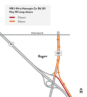 The ramp from WB I-94 to Hennepin Co. Rd. 81/Hwy 101 will be closed