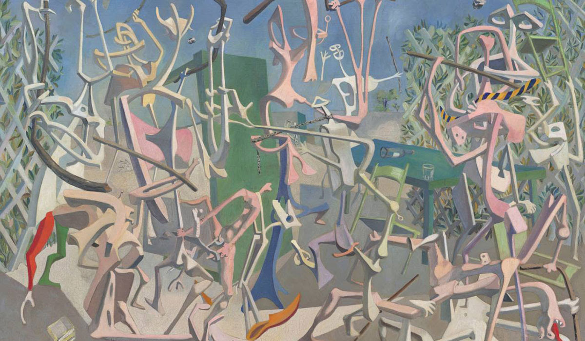 Pale, distorted, skeletal figures are interlocked with each other against a backdrop of furniture and hedges.