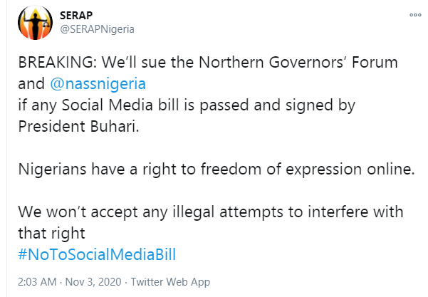 SERAP threatens to sue Northern Governors and NASS over social media bill 