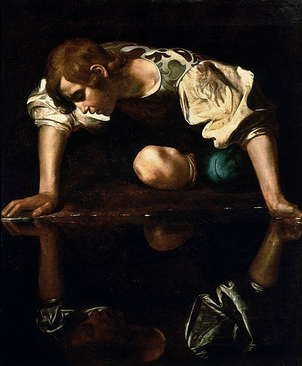 Narcissus by Caravaggio. A beautiful young man stares at his own reflection in a still pool of water.