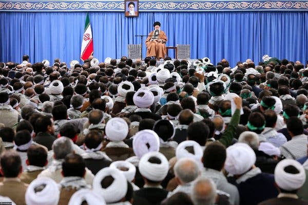 Ayatollah Ali Khamenei, supreme leader of Iran, addressing members of a militia loyal to the Islamic republic about demonstrations against the government last month.