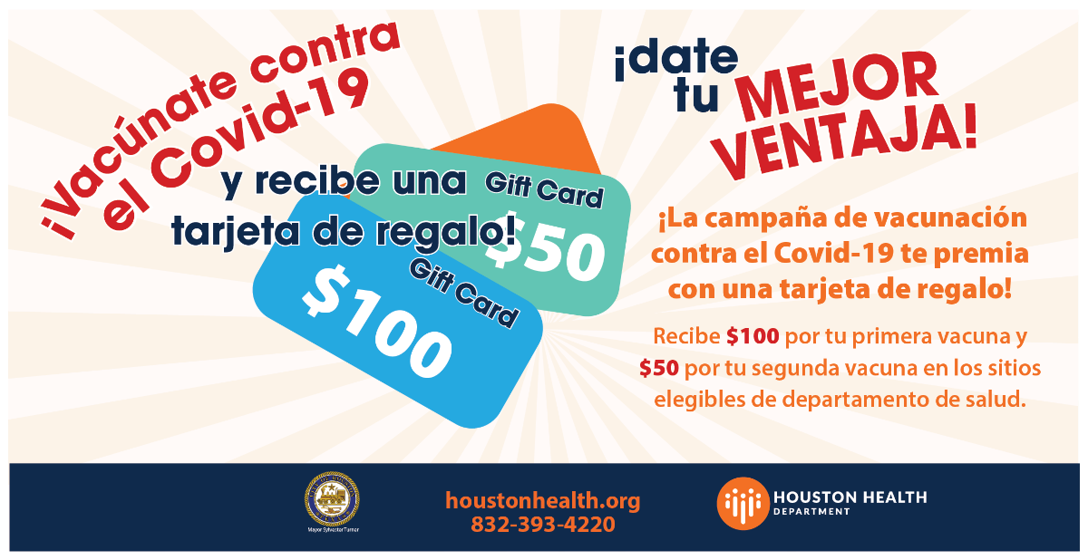 Graphic illustrating two gift cards with text reading "Get $100 for your first shot and $50 for your second shot at eligible health department sites."