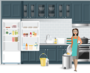 person standing next to refrigerator with bucket cleaning