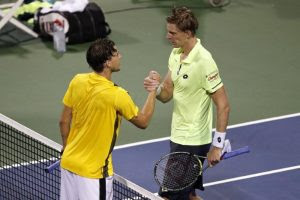 Aug 3, 2017; Washington, DC, USA; Kevin Anderson of South Africa (R) shakes hands with Dominic Thiem of Austria (L) after their match on day four of the Citi Open at Fitzgerald Tennis Center. Mandatory Credit: Geoff Burke-USA TODAY Sports