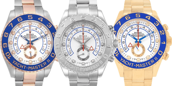 Yacht-Master II Watches from left: Rolex Yacht-Master II Stainless Steel 18K Rose Gold, White Gold Platinum, and 18K Yellow Gold Watches
