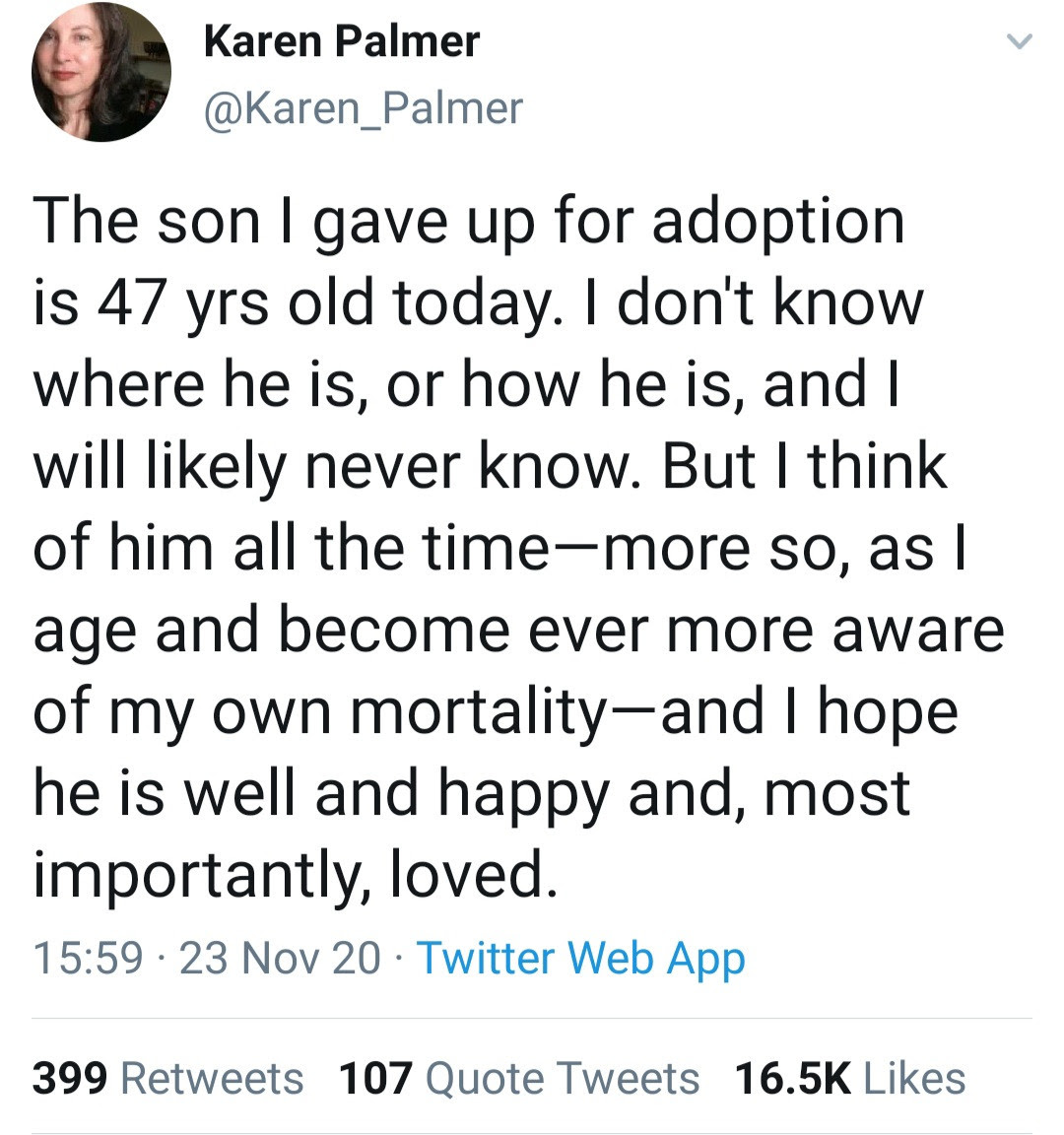 Woman who gave up her son for adoption shares emotional post on his 47th birthday 