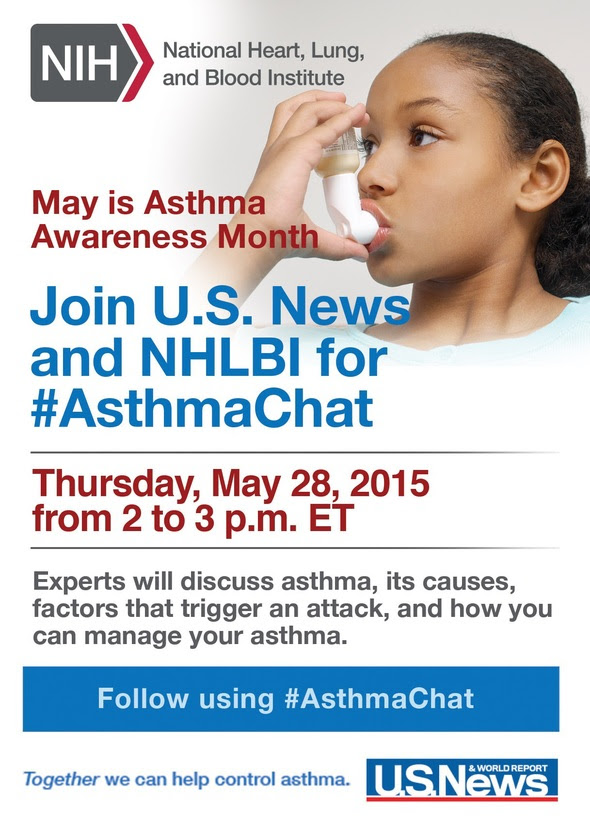 Invitation to participate in an asthma Twitter chat on May 28 at 2 pm ET with NHLBI and US News