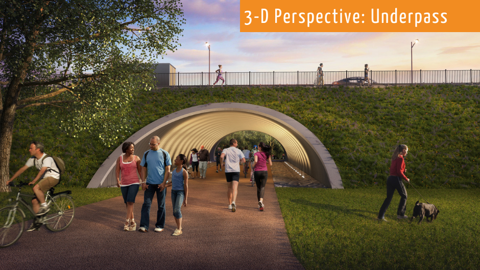 illustrated rendering of people walking through an illuminated pedestrian underpass
