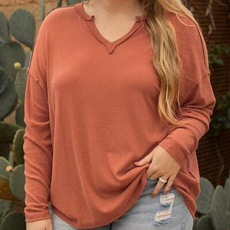 Plus Size Notched Long Sleeve T-Shirt