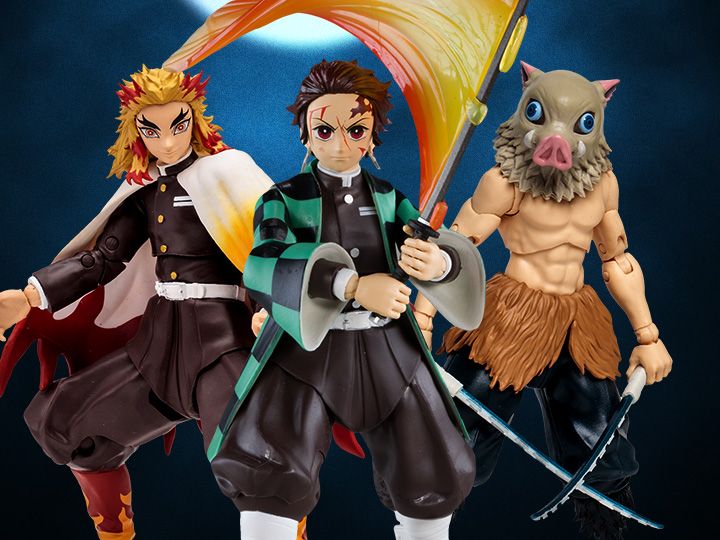 Demon Slayer: Kimetsu no Yaiba Tanjiro (Rui Battle), Kyojuro & Inosuke 7" Action Figures
