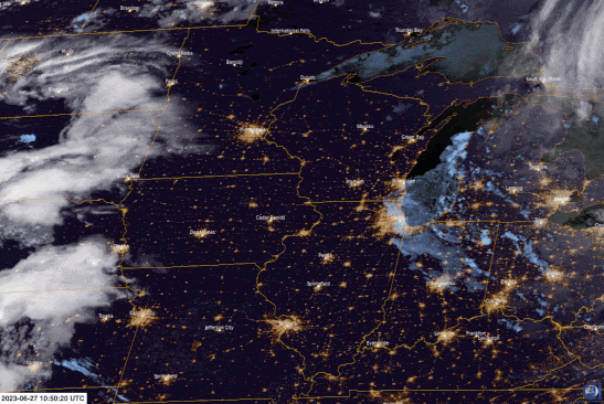 A satellite view of the U.S. Midwest shows smoke blowing over several states. 