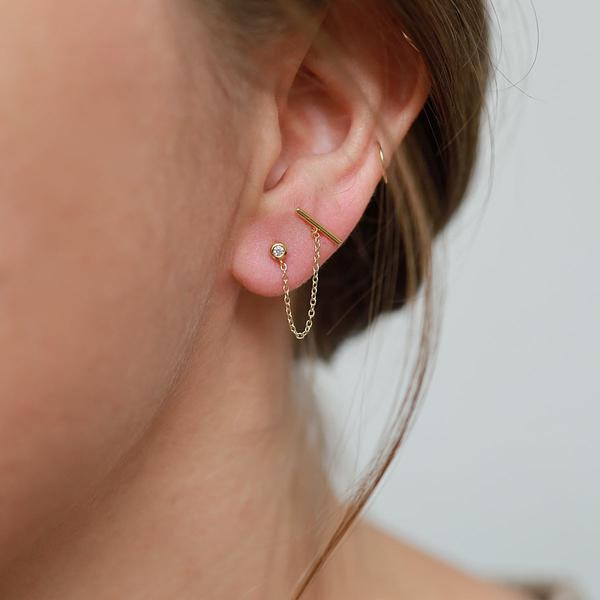 CZ &amp; Bar with Chain Double Pierced Studs - Gold Vermeil