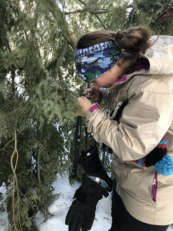 a woman wearing a tan coat and floral headband uses a hand lens to inspect a tree in the forest