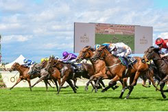 Signora Cabello (white cap) wins the Queen Mary Stakes at Royal Ascot