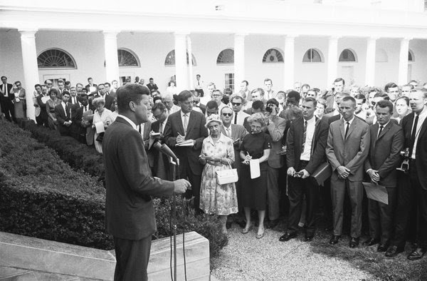 President John F. Kennedy addressed journalists and members of the Peace Corps on Aug. 28, 1961. Kennedy assigned the volunteers their first mission overseas.
