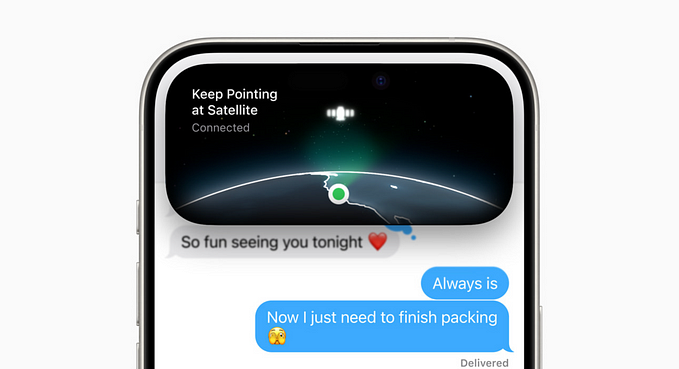 iPhone 15 Pro shows a text conversation in iMessage with a satellite image and the phrase “Keep Pointing at Satellite… Connected” in the Dynamic Island.